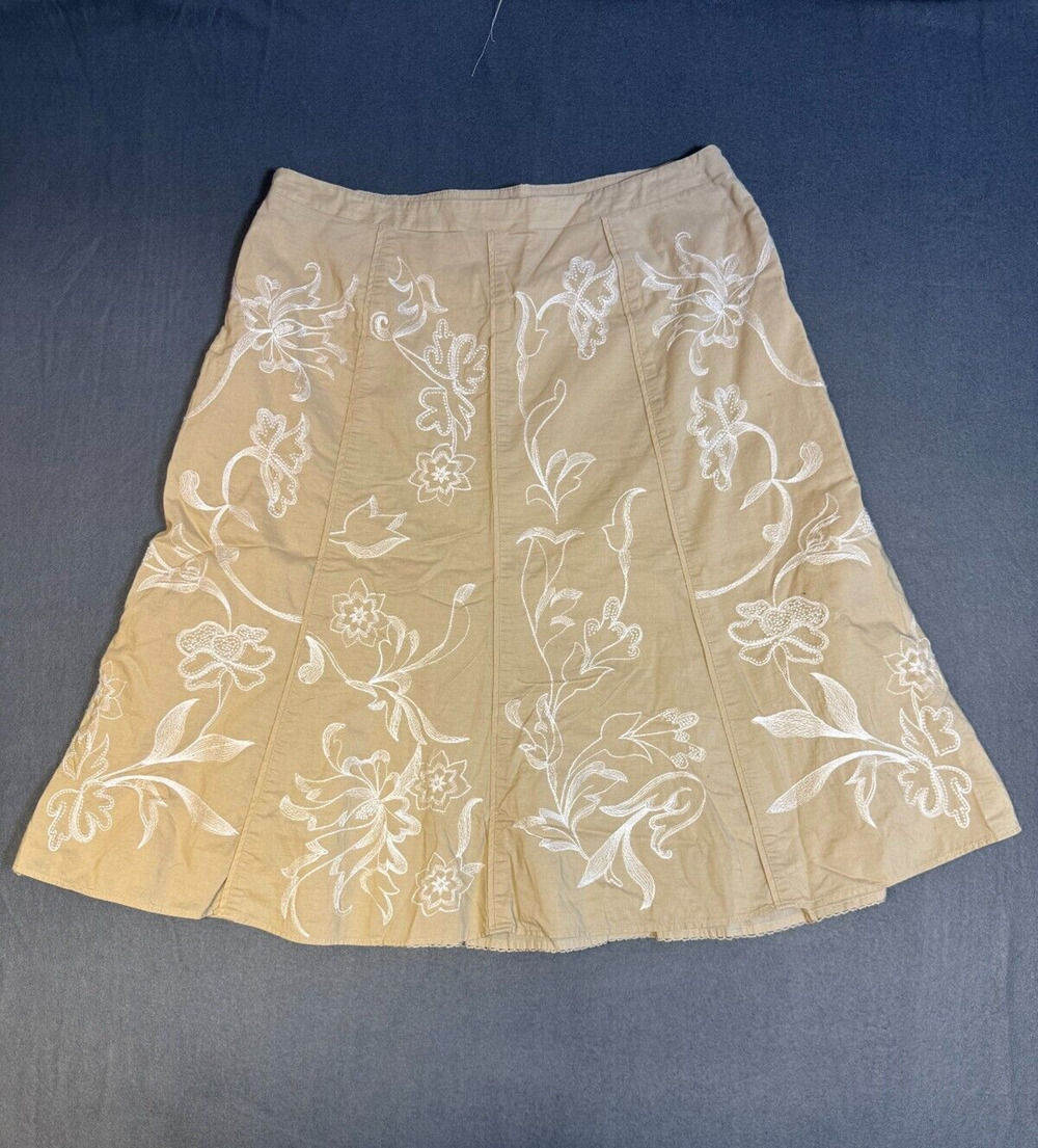 Ann Taylor Floral Embroidered Box Pleats Skirt 100% Cotton Khaki Women's Size 8